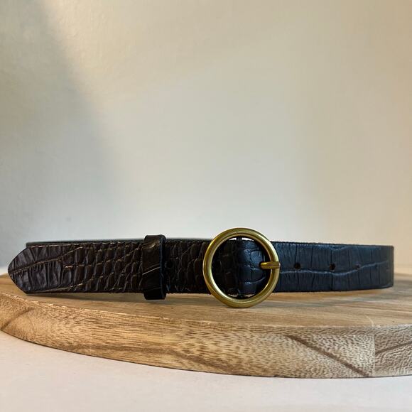 UO Black Peddled Genuine Leather Round Brass Buckle Belt Size Medium - Picture 1 of 9